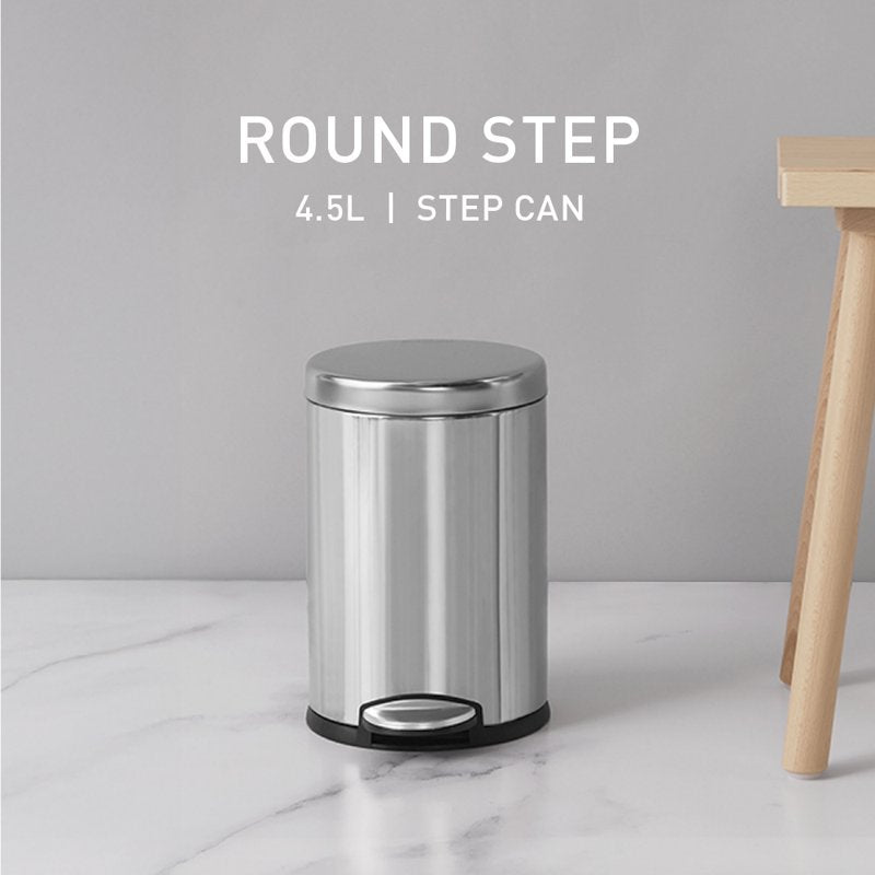 Compact Round Trash Can - 4.5L Brushed Stainless Steel, Soft Close Lid