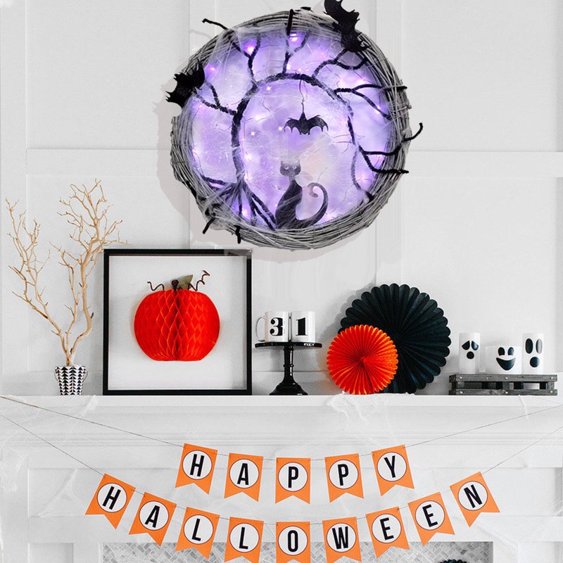 Halloween Wreath with Purple LED Lights Bat Cat Decor for Front Door