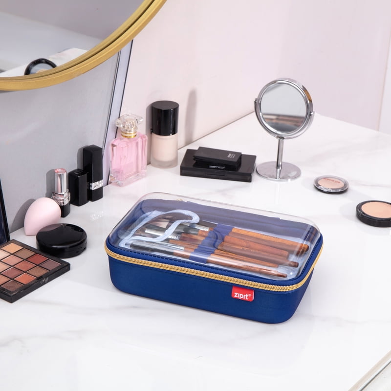 Large Hard Shell Travel Makeup Bag with Transparent Lid and Brush Holders