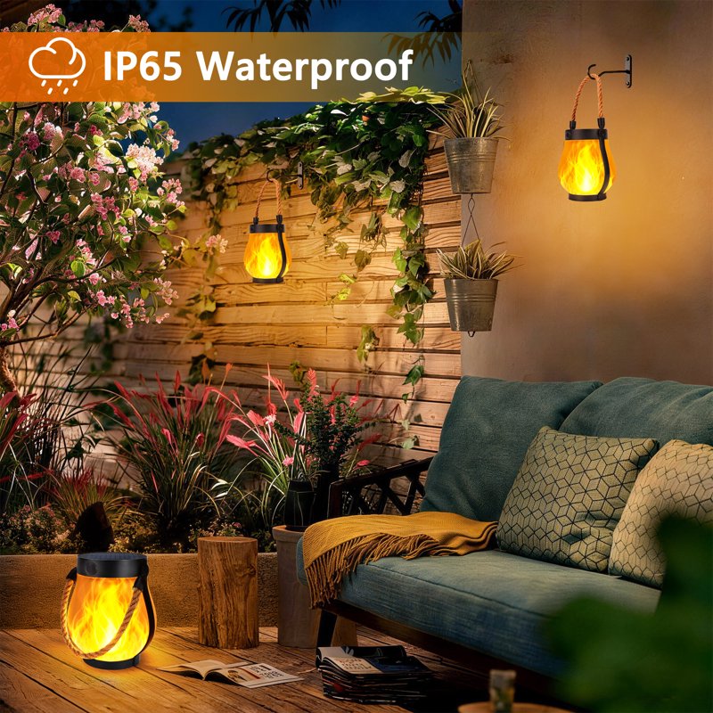 Outdoor Solar Lanterns 2 Pack Flikkering Flame Waterproof Garden & Patio Lights
