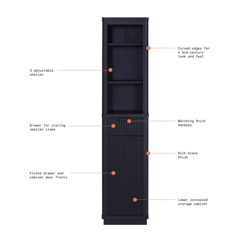 Beautiful Fluted Linen Storage Cabinet - Rich Black Finish, Tall Slim Design with Adjustable Shelves