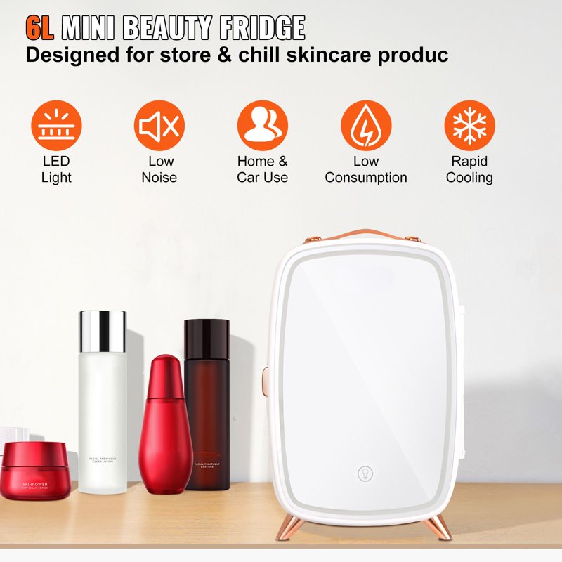 6L Mini Fridge with HD Makeup Mirror & LED Lights - Quiet Portable Cooler