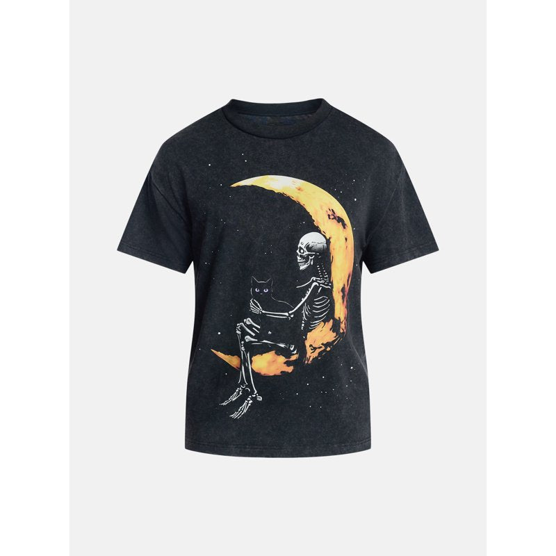 Men's Halloween Skeleton Moon Graphic T-Shirt - Mineral Wash XL - Black