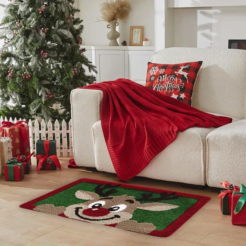 Christmas Reindeer Doormat - Green Holiday Rug with Non-Slip Rubber Backing - Variation #20Christmas