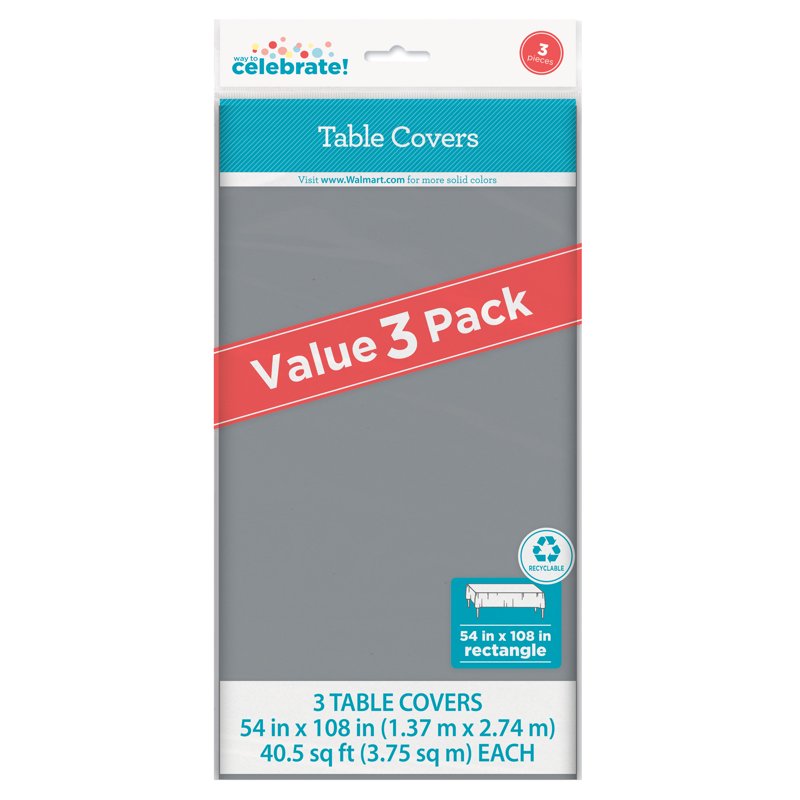 Plastic Table Covers - Silver, Rectangle, 54 x 108 in, 4 Pack