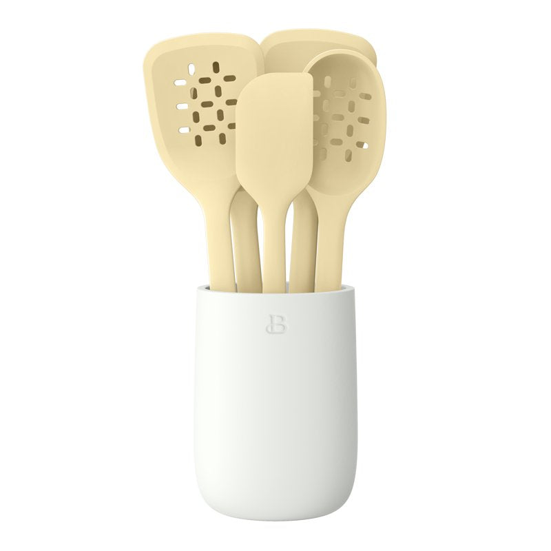 6-Piece Silicone Kitchen Tool Set with Ceramic Crock - Buttercream
