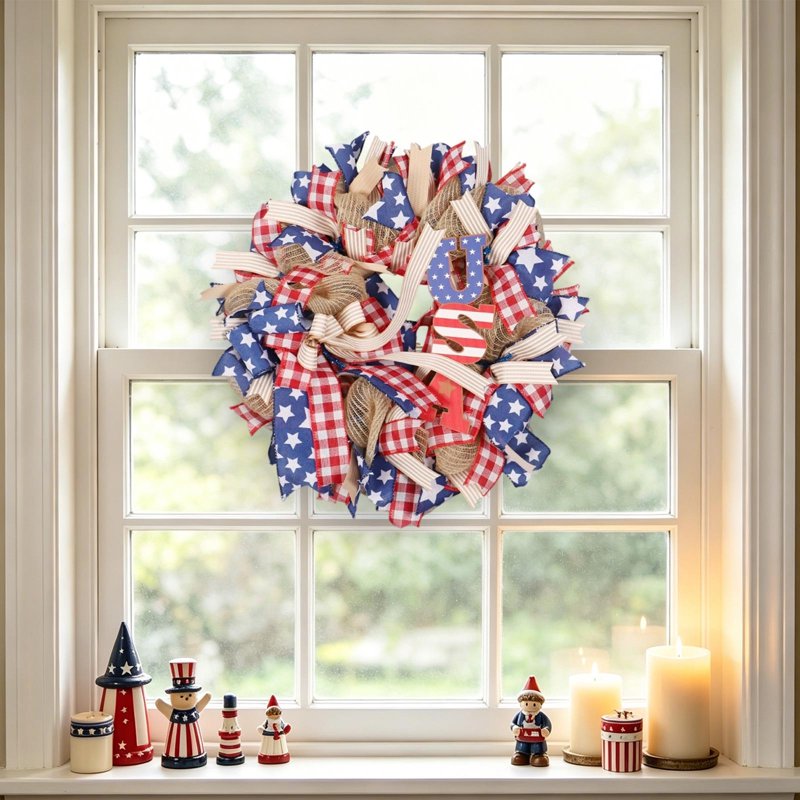 4th of July Patriotic Wreath for Front Door - Independence Day Artificial Decor - Variation 0I