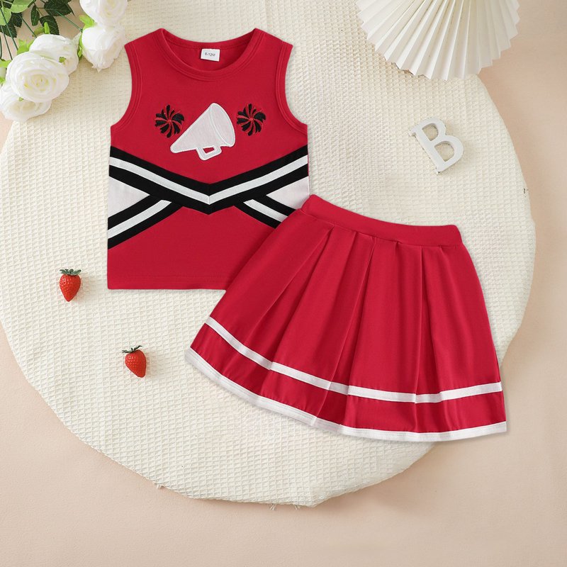 Toddler Girl Cheerleader Outfit Set with Shirt and Skirt - Red, 2-3 Years