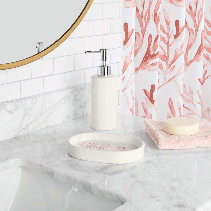 16-Piece Bathroom Set with Shower Curtain Rug Soap Dispenser and Hooks - Pink Coastal Botanical