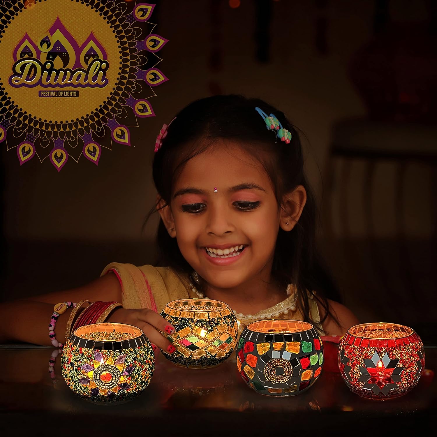 SHMILMH Glass Candle Holder Set - Handmade Mosaic Tealight Holders for Diwali & Christmas | Set of 4