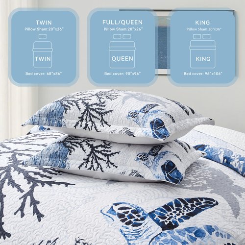 weesire Coastal Bedding California King Size Coastal Quilt with 2 Shams, Nautical Beach Comforter Sets Ocean Bedspreads Blue Seaturtle Coverlet Summer Bedding, 106''x118''