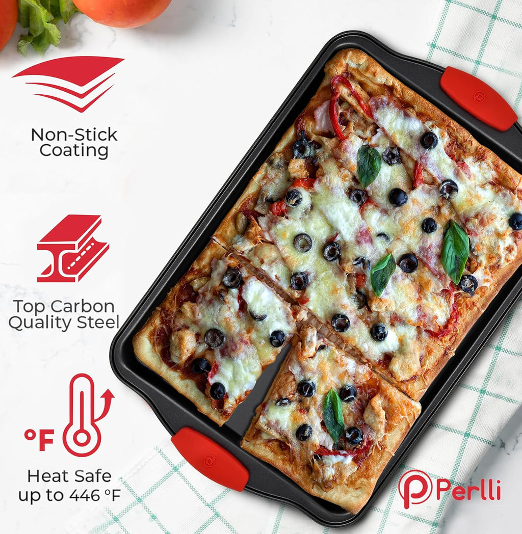 PERLLI Non-Stick Baking Pan Set - 3-Piece BPA-Free Carbon Steel Bakeware with Silicone Handles | Oven Safe Up to 446°F