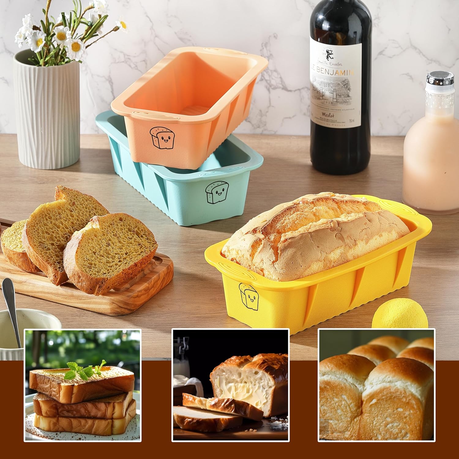 Skiennix Silicone Bread Loaf Pan Set - Non-Stick Baking Pans for Homemade Bread & Cakes | 3 Colors, Dishwasher Safe