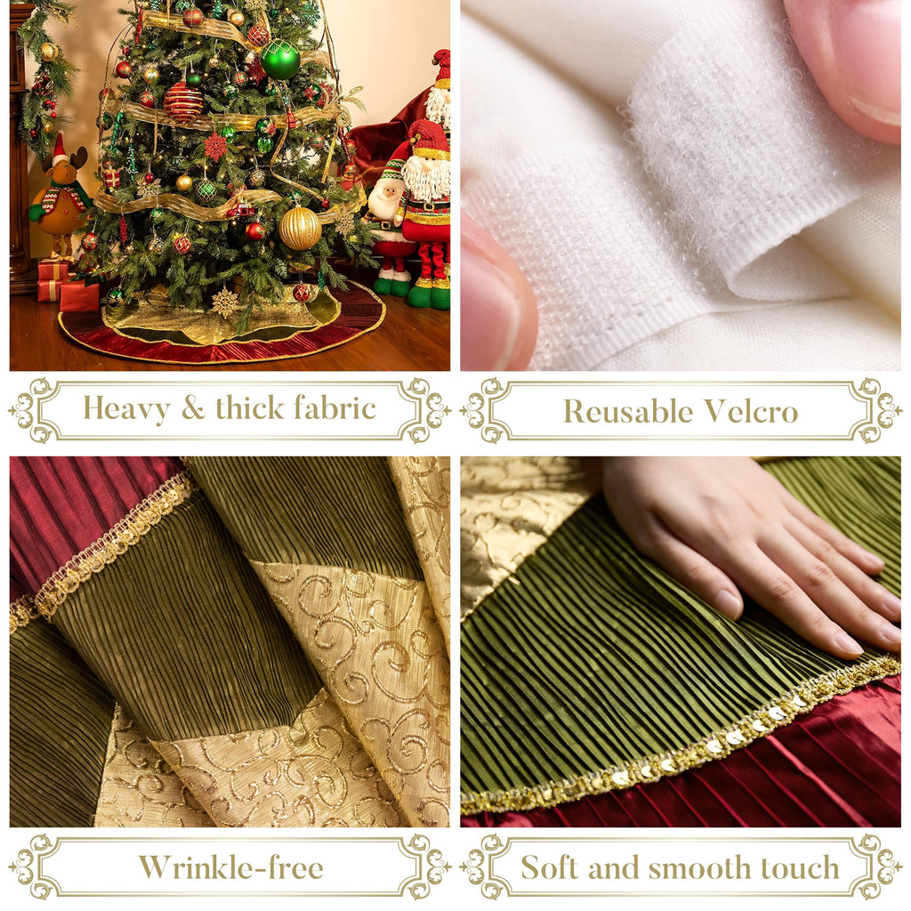 Valery Madelyn Christmas Tree Skirt for Tree Decorations, 48 Inch Traditional Red Green Gold Large Xmas Velvet Tree Skirt with Embroidery Patchwork & Tassels for Tree Merry Christmas Party Decor