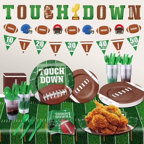 173PCS Football Party Supplies Kit for 24 Guests - Football Birthday Party Supplies with Paper Plate Napkin Big Cup Cutlery Banners Touchdown Tablecloth Tailgate Party Decorations(B)