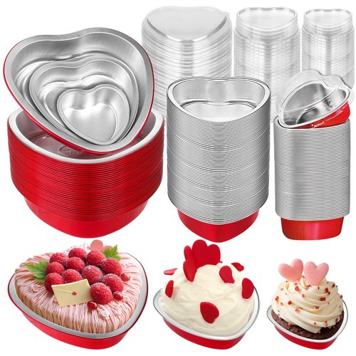 Fovths 60 Pieces Heart Shaped Cake Pans with Lids Extra Large Aluminum Foil Cupcake Pans 3.4 Oz, 9 Oz, 23 Oz Disposable Flan Baking Cups for Valentine Day Kitchen Birthday Wedding Party Baking Supply