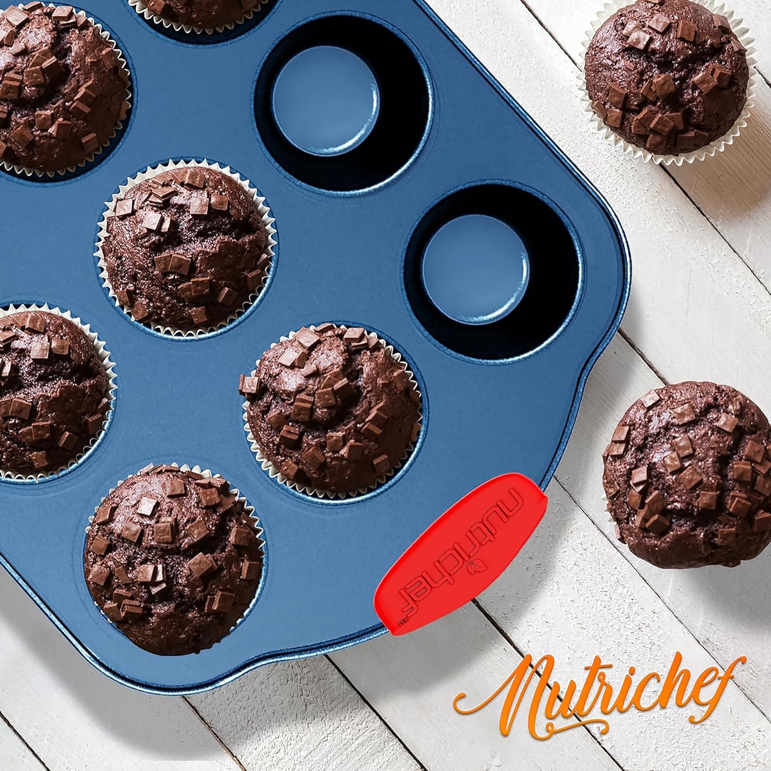 NutriChef 8-Piece Nonstick Baking Pan Set - Premium Carbon Steel Bakeware with Silicone Handles - Includes Pizza Tray, Loaf Pan, Muffin Pan, Round/Square Pans & Cookie Sheet - Blue