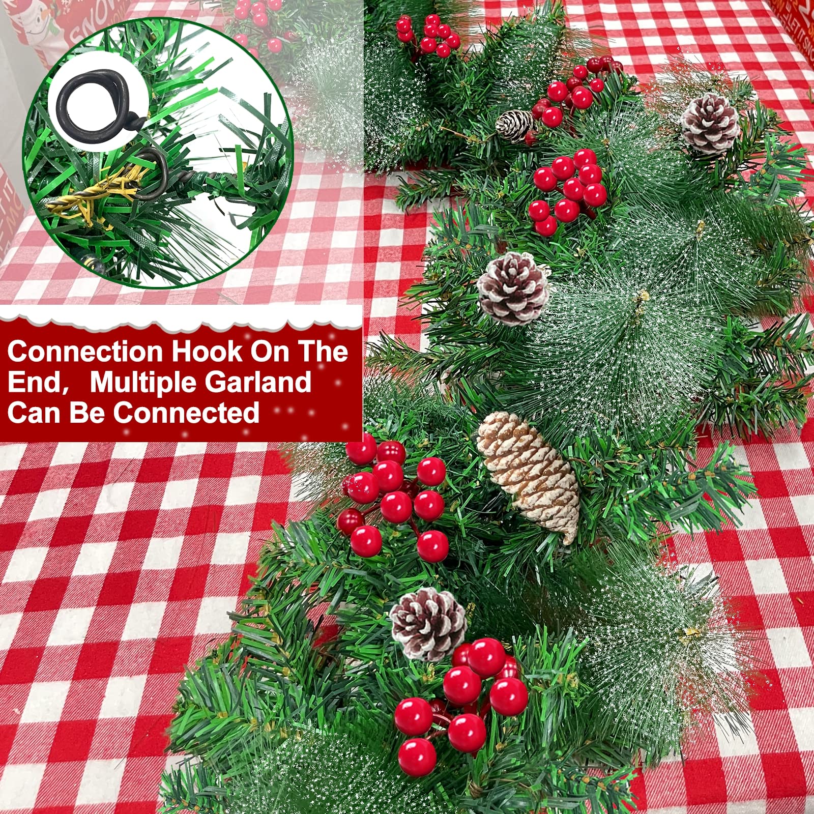 2 Pack Prelit Christmas Garland Each 9 Ft 100 Lights Timer 8 Mode, Cedar Garland Thick 300 Tips Snowy Bristle Pine 198 Berry 18 Pinecones Battery Operated Mantle Xmas Decoration Total 18 Ft 200 LED
