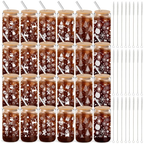 Acellegic 24 Pack Winter Glass Cups Gifts 16 oz Snowflake Glass Tumblers with Lids Straws Brushes Winter Christmas Coffee Cups for Women Men Employee Coworkers Holiday Party Favors (Fresh Style)
