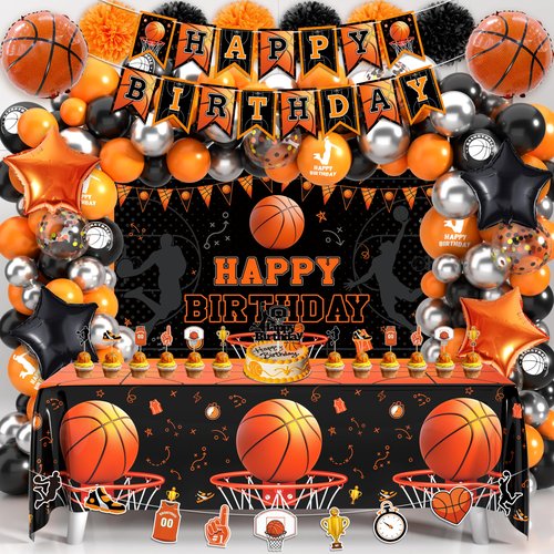 Basketball Birthday Party Decorations, Basketball Themed Party Decorations Supplies Include Balloon Arch Kit Banner Cake Topper Backdrop for Boys Sports Birthday Decor