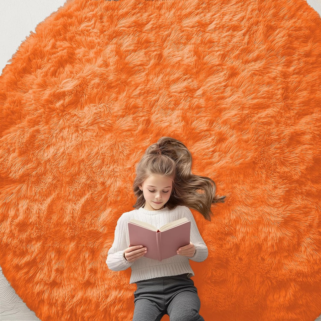 OLANLY Orange Round Rug - Soft & Fluffy 8 ft Circle Area Rug for Bedroom, Living Room & Nursery Decor