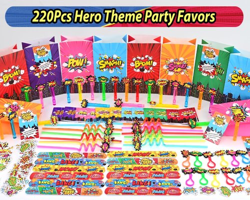 Fumogym 220PCS Hero Party Favors Kit – Birthday Supplies Includes Goodies Bags, Straws, Bubble Wands, Notebook & More – Perfect for Party Decorations & Pinata Fillers