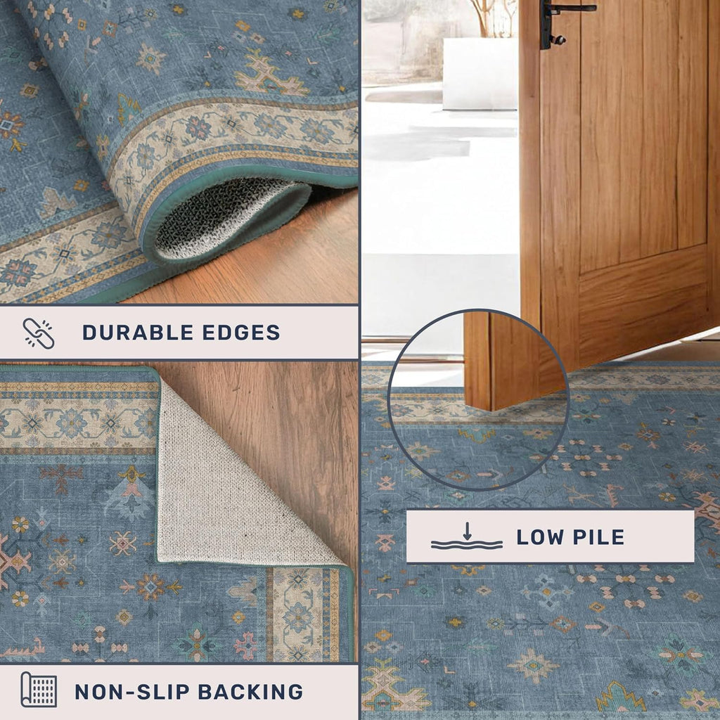 Skiennix Washable 5x7 Blue Kids Room Rug - Colorful Boho Low-Pile Carpet with Non-Slip Back