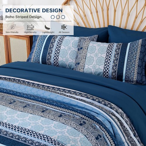 Boho Comforter Set Queen Size,8 Pieces Navy Blue Bohemian Striped Bed in a Bag,Paisley Soft Microfiber Bedding Comforter Set