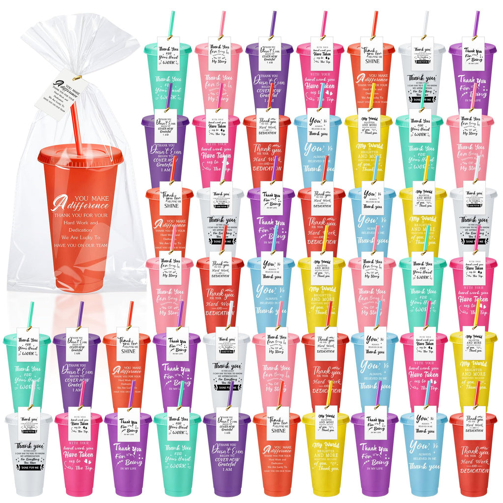 Tioncy 50 Set Employee Appreciation Gifts Bulk Team Thank You Cups 24oz Plastic Tumblers with Lids & Straws for Teacher Nurses Week 2026 Nursing Assistance Volunteer Coworker(Thank You,Multicolor)