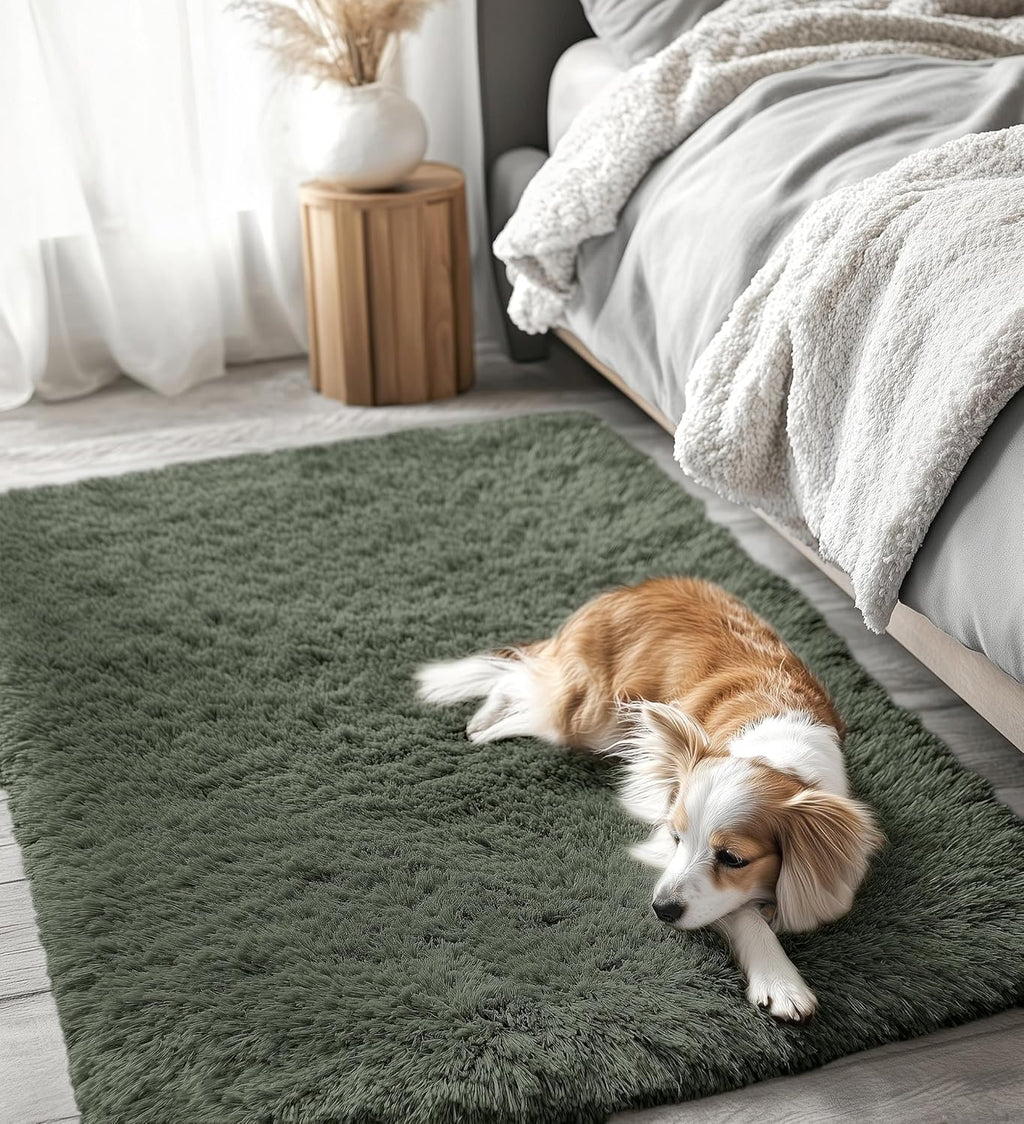 OLANLY Soft Fluffy Shaggy Bedside Rug - Machine Washable 3x5 for Kids & Nursery | Olive Green Home Decor
