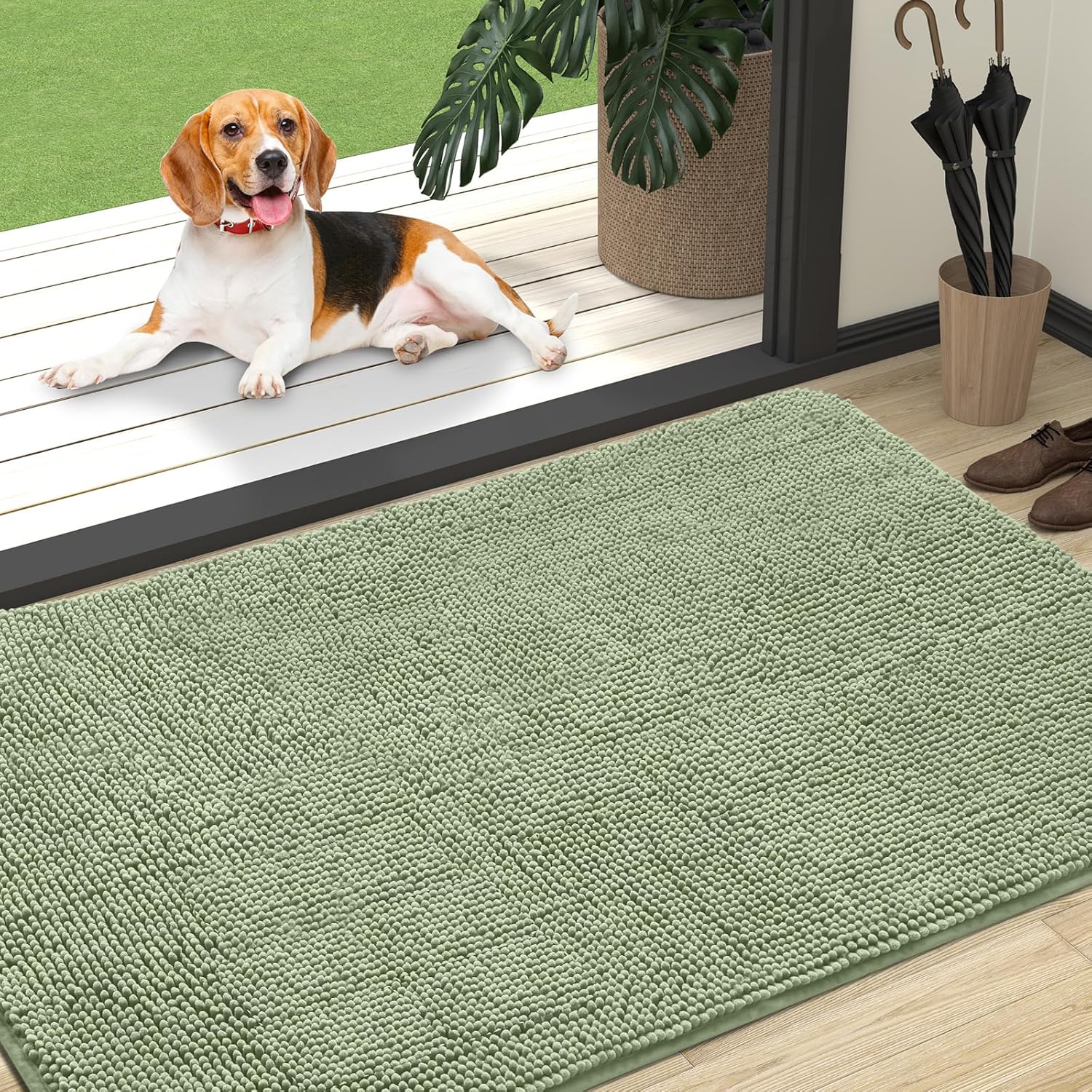 OLANLY Dog Door Mat - Absorbent Non-Slip Mud Mat for Indoor Use | Quick Dry Chenille, 47x32, Sage Green