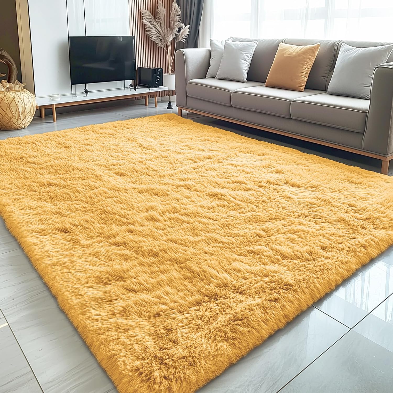 OLANLY Large Area Rug - Soft Fluffy Shaggy Carpet for Living Room & Bedroom | 5x8 Mustard Yellow