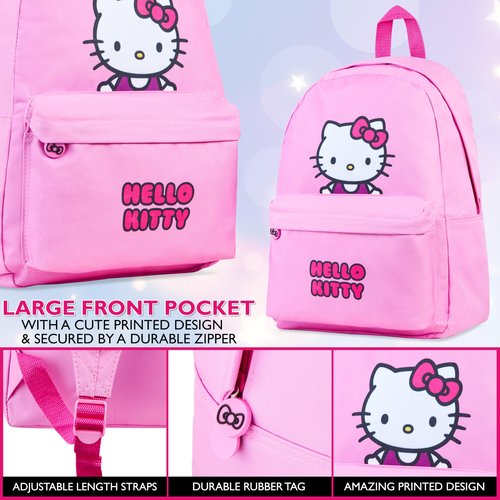 Hello Kitty Girls Backpack with Zipped Front Pocket, Adjustable Strap For School