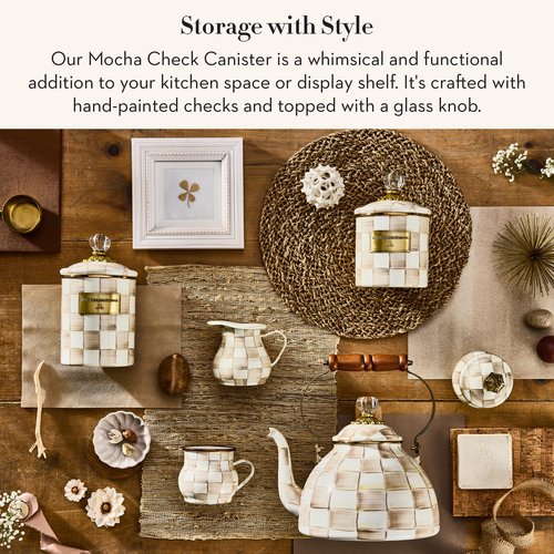 MACKENZIE-CHILDS Small Enamel Canister, Kitchen Storage Container with Lid, Brown-and-White Mocha Check