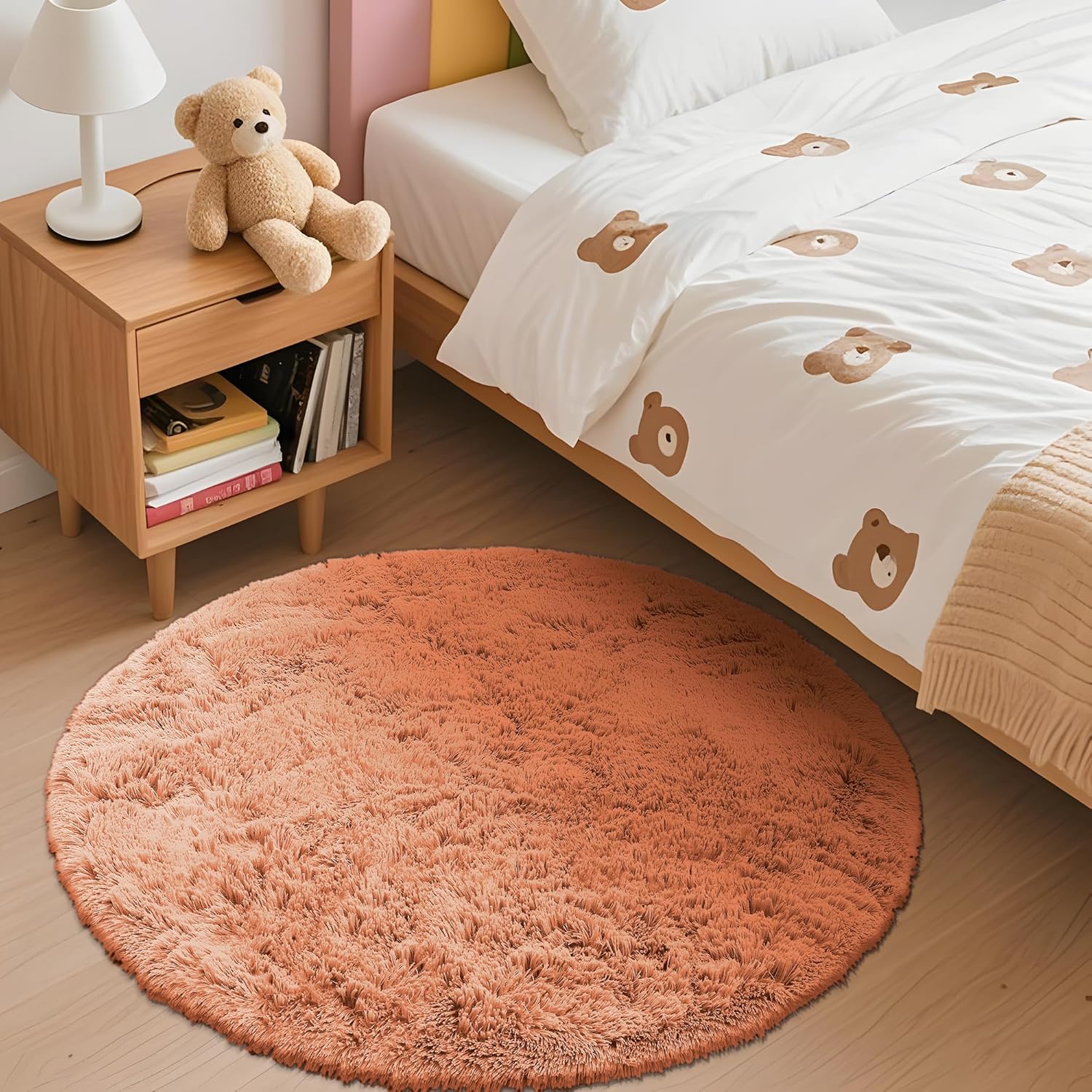 OLANLY Round Area Rug - Soft Muted Orange Shaggy Carpet, 5 ft Circle for Bedroom & Living Room Decor