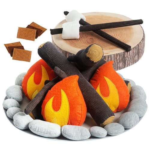 Pretend Campfire Set for Kids with S'Mores Kit & Wood Log Pillow - Soft, Safe & Durable Toy Campfire for Pretend Play & Sensory Play - Giftable Plush Felt Kids Campfire Playset for Ages 3+