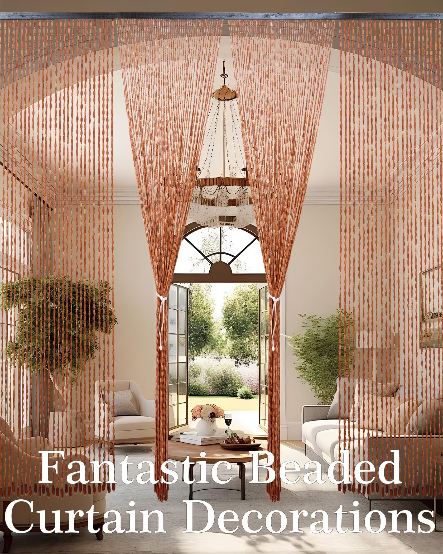 Ezcasch 52 Strands 35.4" x 79" Bamboo and Wood Beaded Curtain for Doorway Handmade Natural Doorway Beads Bohemian Bamboo and Wooden Room Devider Hanging Boho Beaded Curtain,Brown