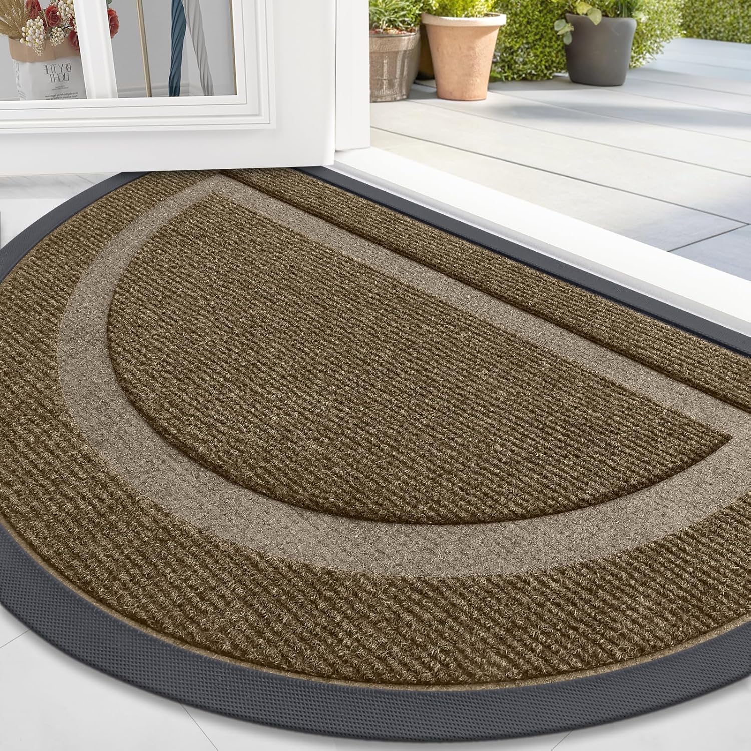 OLANLY Half Circle Door Mat - Waterproof All-Season Doormat for Indoor/Outdoor Use | 59x23, Brown