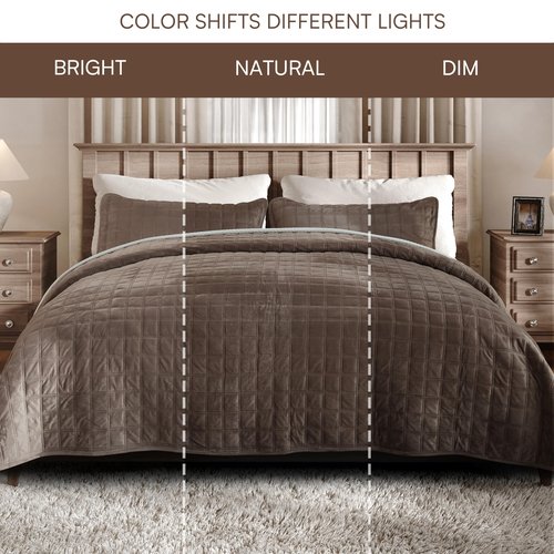Fleeco Double-Sided Velvet Quilt King Size Comforter Set, 108"x 96" Lightweight Velvet Bedding Set, Ultra Soft Bedspread with 2 Matching Shams, for All Seasons, Brown