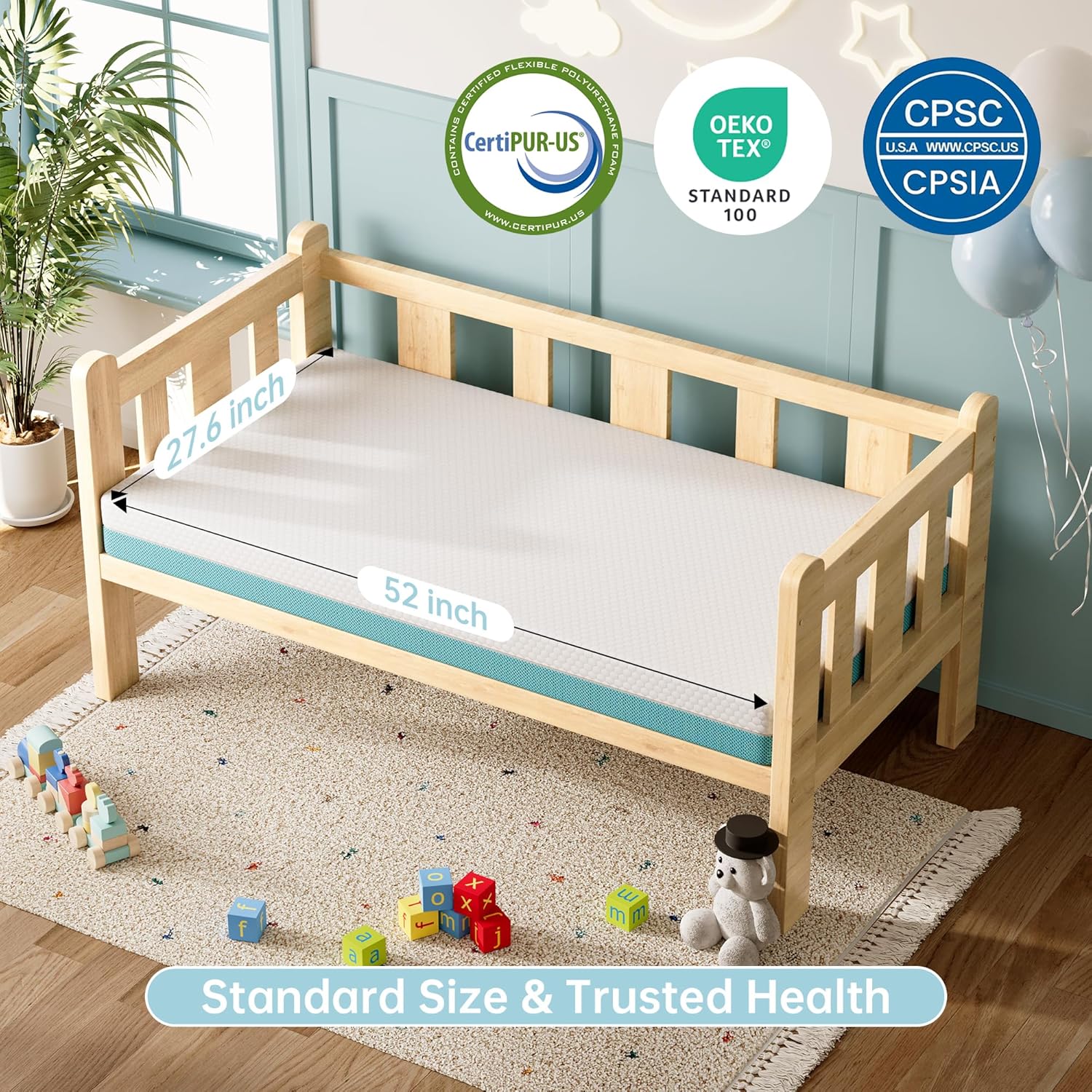 TeQsli Crib Mattress - Memory Foam Toddler Mattress with Breathable Washable Cover | Standard Size 52 x 27.6 x 4.5 Inch