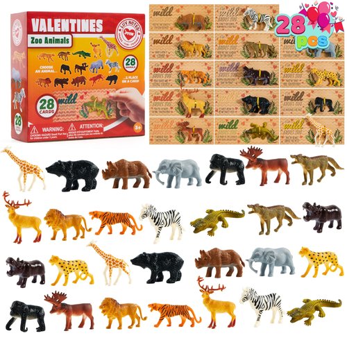 JOYIN 28Pack Valentines Day Gifts Cards with Zoo Animals Figures for Boys Girls, Greeting Cards for Classroom Exchange, Kids Party Favors School Game Prize Toys
