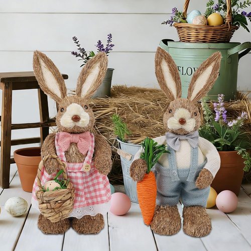 DR.DUDU Easter Decorations - Set of 2 14" Sisal Bunny Figurines with Carrot & Egg | Spring Farmhouse Centerpieces