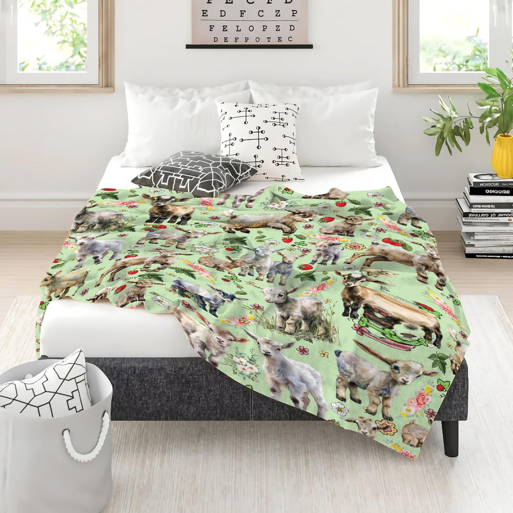 Floral Goats Blanket Gifts for Boys Girls, Farm Animals Throw Blanket Gifts for Adults Decor Cute Goats Plush Soft Lightweight Flannel Fleece Flower Green Blankets for Sofa Bed Couch 80x60In