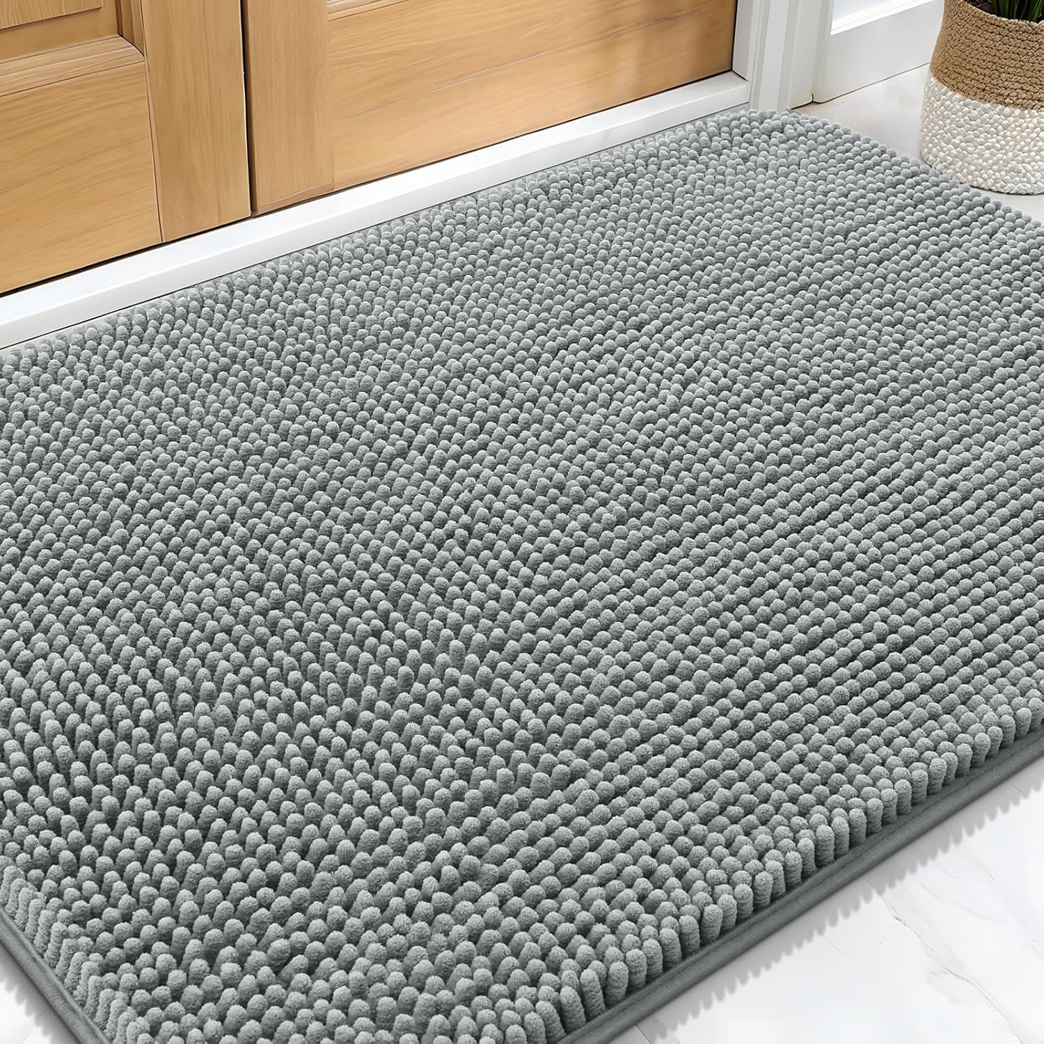 OLANLY Dog Door Mat - Absorbent Non-Slip Chenille Mat for Muddy Paws | 30x20 Inches, Grey