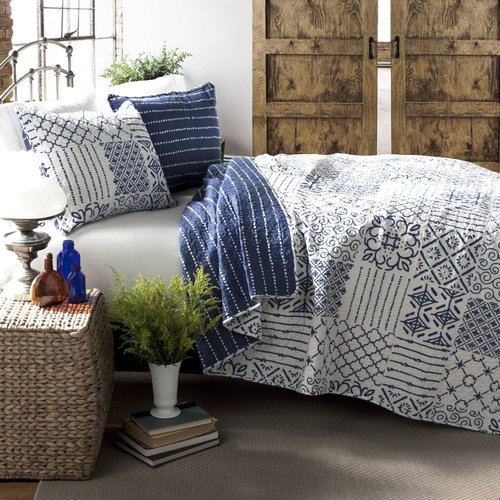 Lush Decor Monique 3 Piece Reversible Print Pattern Blue Quilt Set - Full Queen