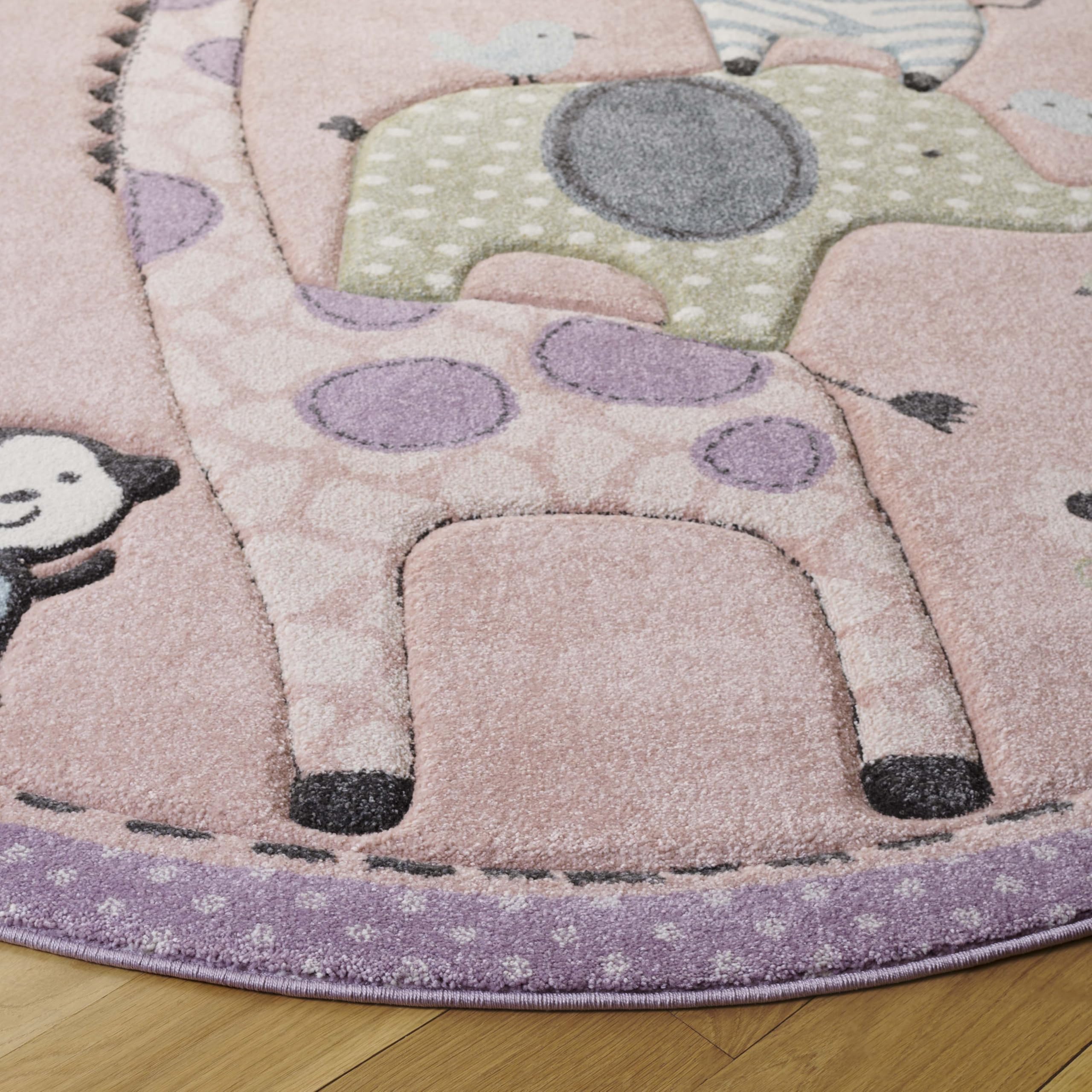 SAFAVIEH Carousel Kids Collection Area Rug - 4' Round, Blush Pink, Animal Design, Easy Care & Non-Shedding, Ideal for High Traffic Areas for Boys & Girls in Playroom, Nursery (CRK120U-4R)