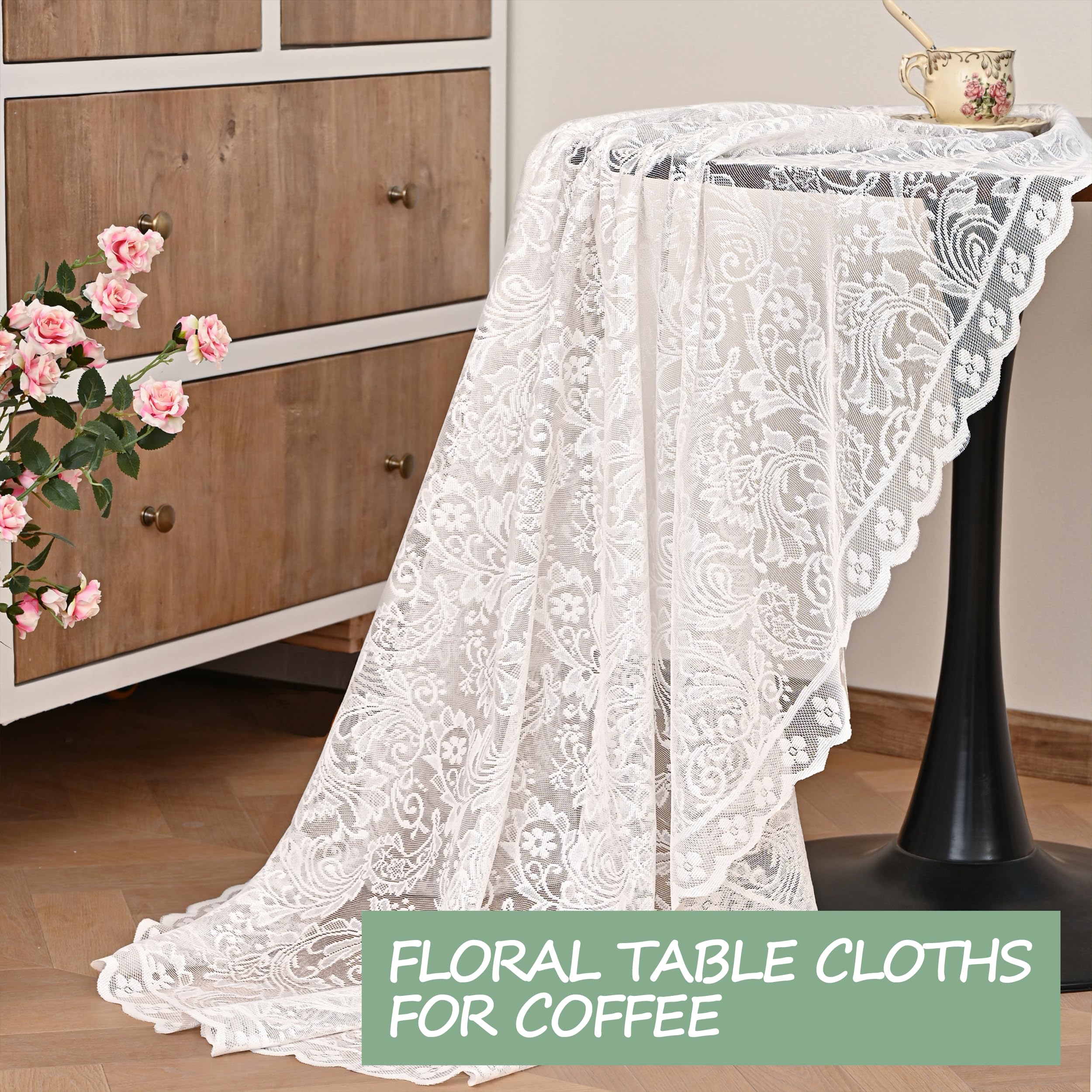Jayla White Lace Round Tablecloth 60 Inches Phoenix Tail Flower Embroidered Wedding Table Cloths for Summer Outdoor Party Reception, Dinner Party, Baby Shower, Decorations, Home Decor