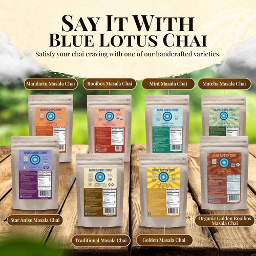 Blue Lotus Chai – Golden Masala Chai with Turmeric and Maca - Makes 265 Cups – Just Add Hot Water, No Steeping, No Gluten - 8 Ounce Masala Chai Powder with Organic Spices – Authentic Indian Tea