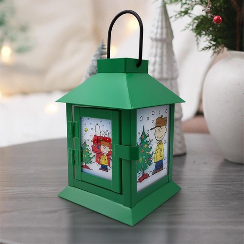 Mark Feldstein Peanuts Holiday Snoopy's Dog House Lantern - Green Metal LED, 6 Inch