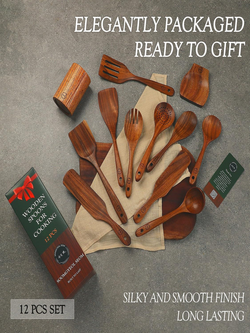 Skiennix 12-Piece Natural Teak Wood Utensil Set - Nonstick Cooking Tools with Holder & Rest
